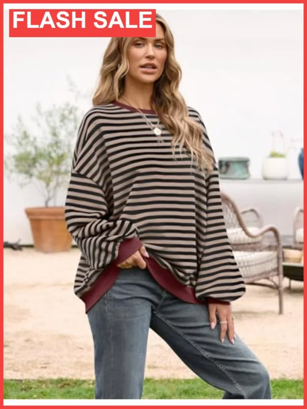 Oversized Striped Crewneck Sweatshirt Long Sleeve Casual Pullover
